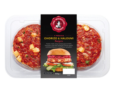 The Whistling Butcher Chorizo &amp; Haloumi Burgers 500g