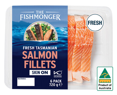 The Fishmonger Fresh Tasmanian Skin On Salmon Fillets 6pk/720g