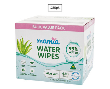 Mamia Water Wipes Aloe Vera 6 x 80pk