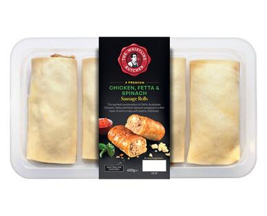 The Whistling Butcher Chicken, Fetta &amp; Spinach Sausage Rolls 4pk/600g