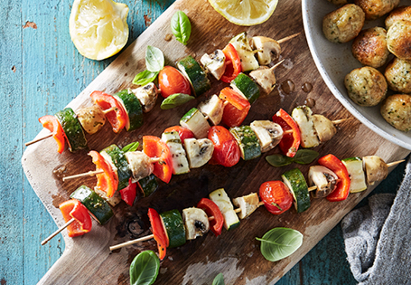 Halloumi-and-Vegetable Skewers with Pomegranate-Tahini Sauce